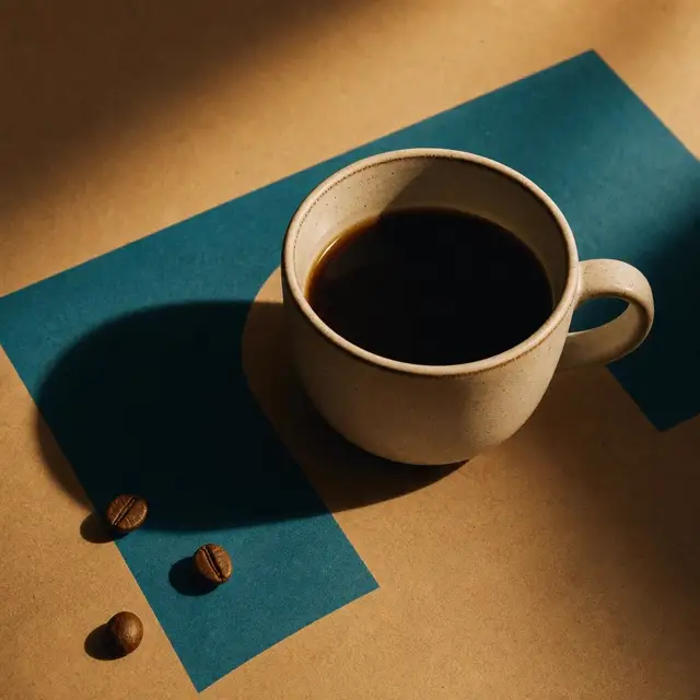 Xícara de café de cerâmica sobre papel craft com marca ciano, still life editorial