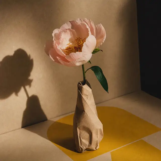 Flor elegante em vaso de papel sobre papel craft com marca amarela, still life editorial