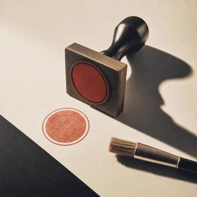 Carimbo de borracha sobre papel com pincel de verniz, still life editorial