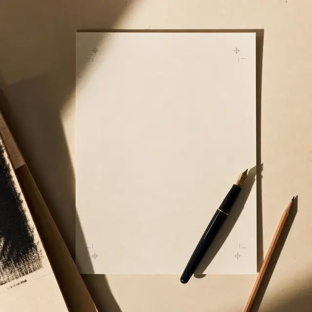Papel em branco com caneta-tinteiro e marcas de registro, still life editorial