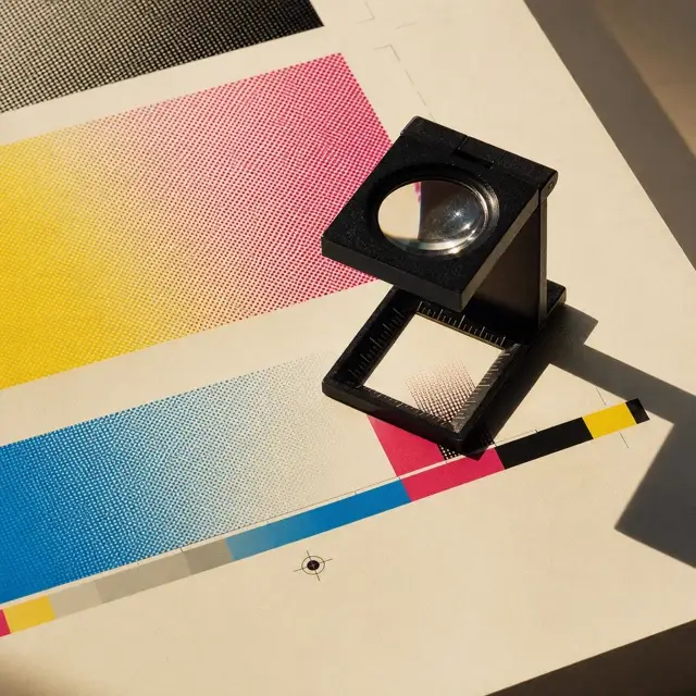 Folha de prova de cor com barras de calibração CMYK e lupa de gráfico, still life editorial